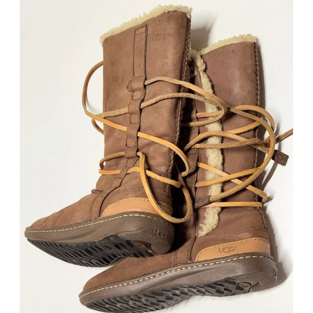 UGG Australia Sunburst Tall Brown Suede Lace Up Shearling Boots 1634 Womens 7
